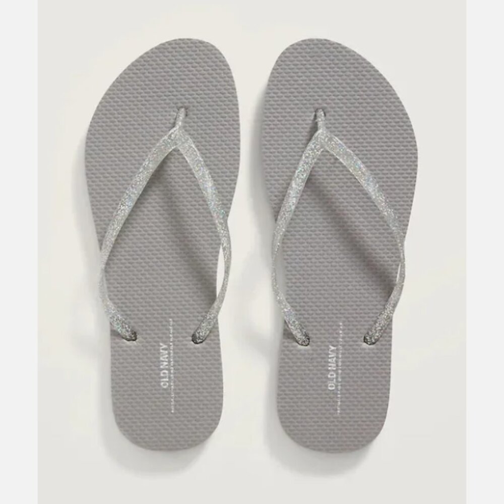 NWT Old Navy Flip Flops Sparkly Top Silver Glitter Beach Thong Sandals for Women